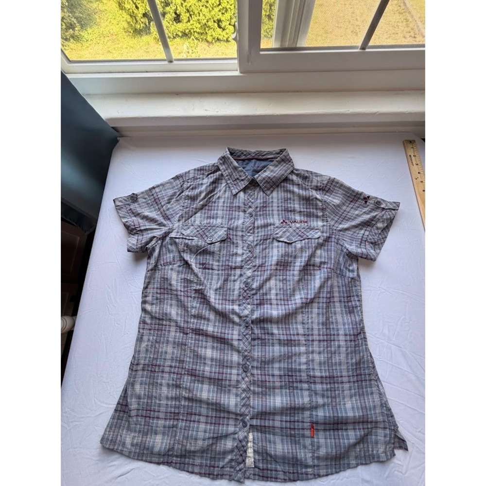 Women's Vaude Plaid Short Sleeve Hiking Button Down Shirt Size L 42